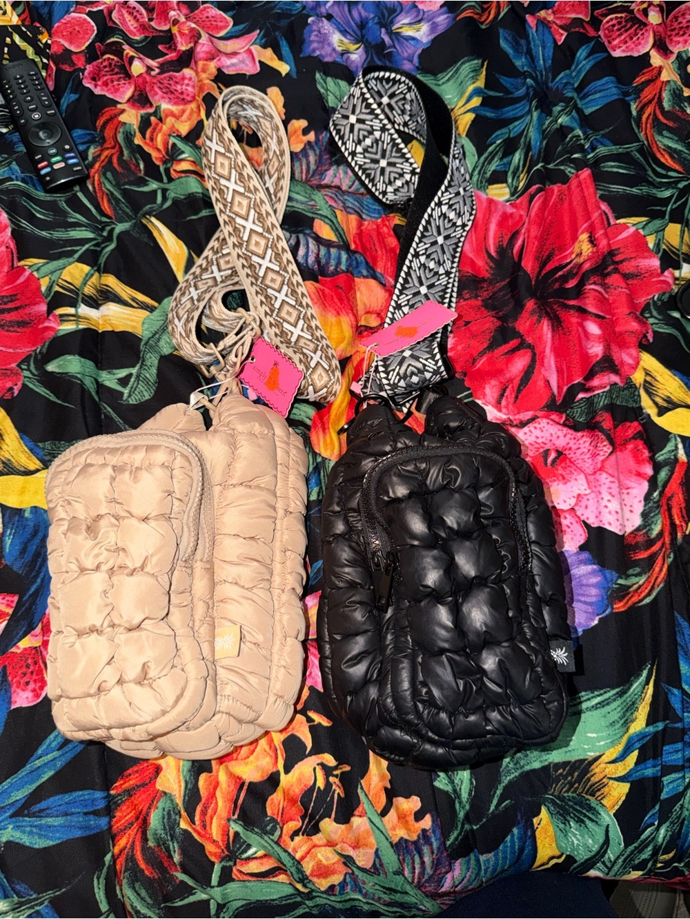Quilted Puffer Crossbody Bottle Bag - Black and Beige